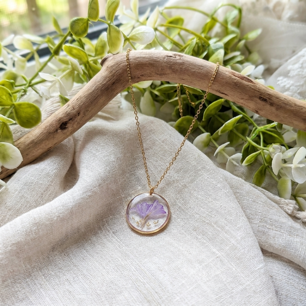 Sea Lavender Framed Gold Plated Stainless Steel Necklace | Resilience