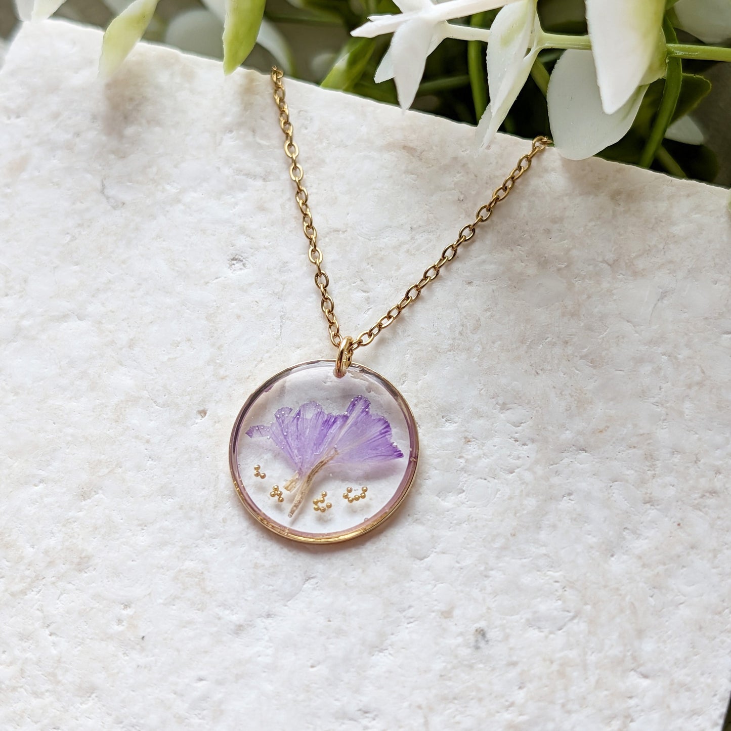 Sea Lavender Framed Gold Plated Stainless Steel Necklace | Resilience