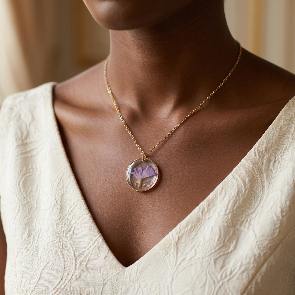 Sea Lavender Framed Gold Plated Stainless Steel Necklace | Resilience