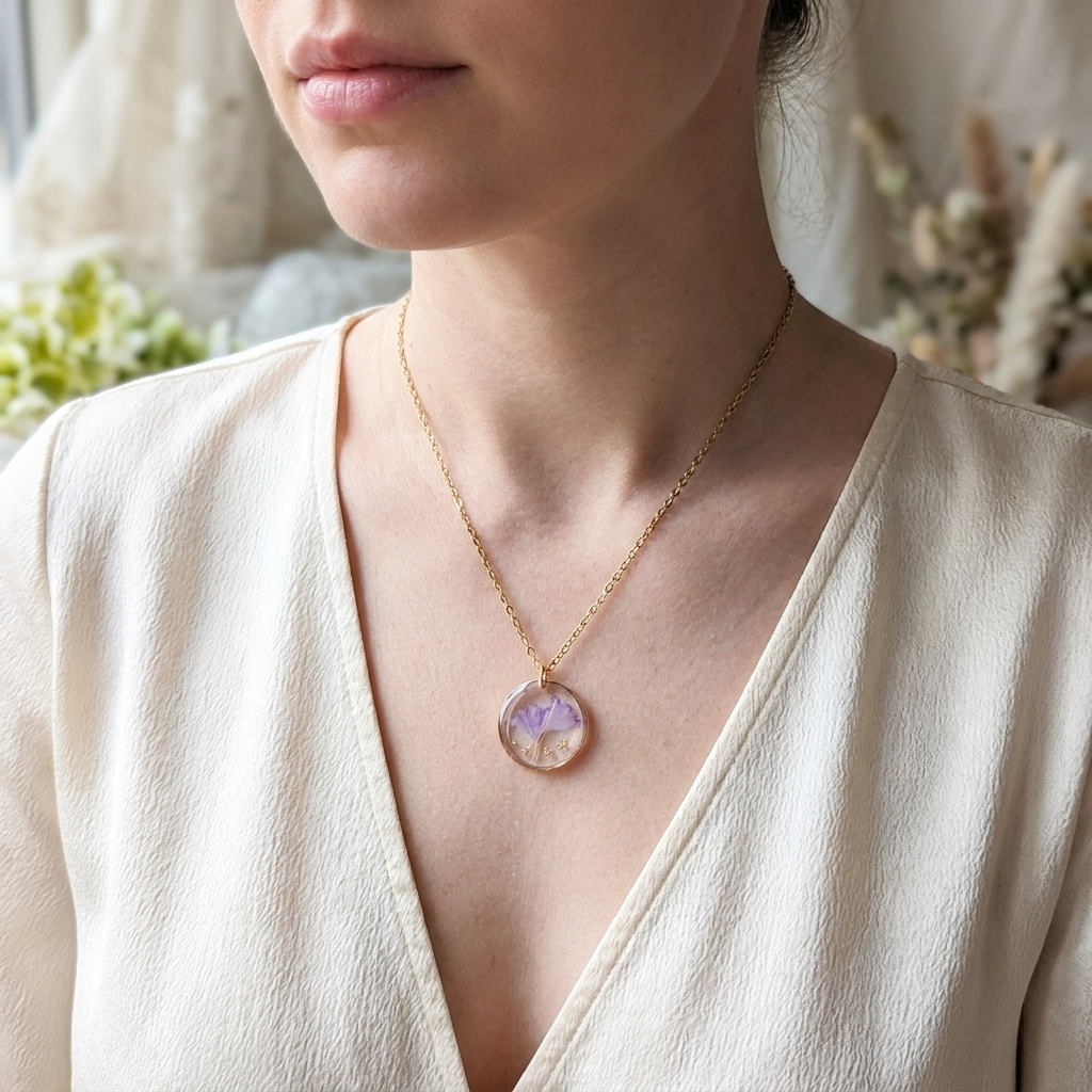 Sea Lavender Framed Gold Plated Stainless Steel Necklace | Resilience
