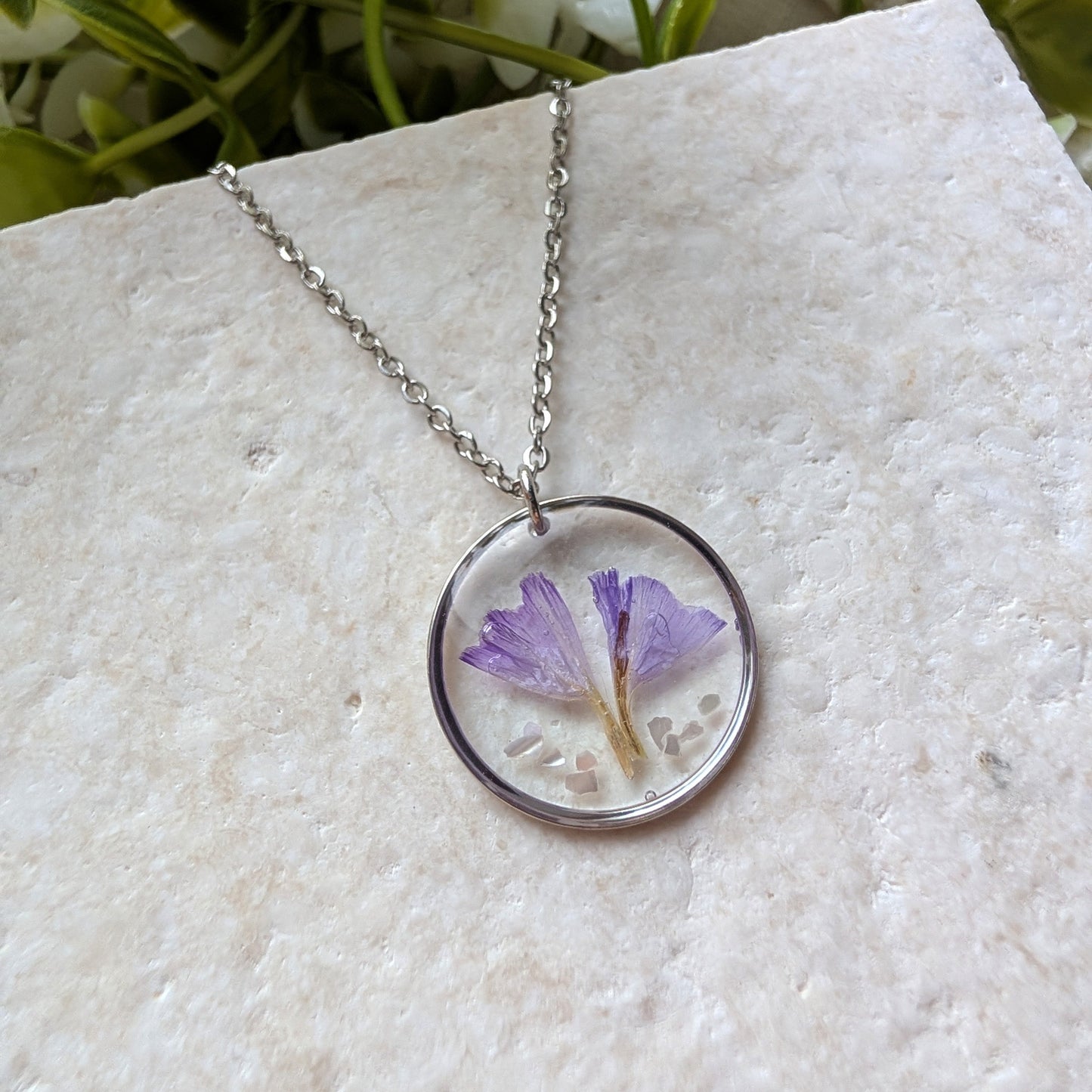 Sea Lavender Framed Stainless Steel Necklace with Mother of Pearl | Tranquility