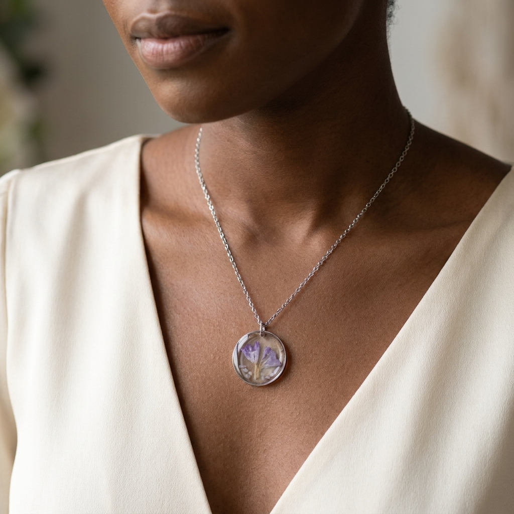 Sea Lavender Framed Stainless Steel Necklace with Mother of Pearl | Tranquility