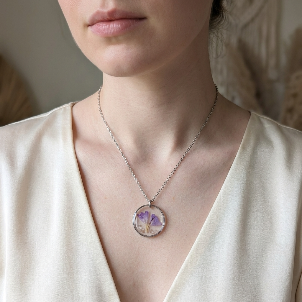 Sea Lavender Framed Stainless Steel Necklace with Mother of Pearl | Tranquility