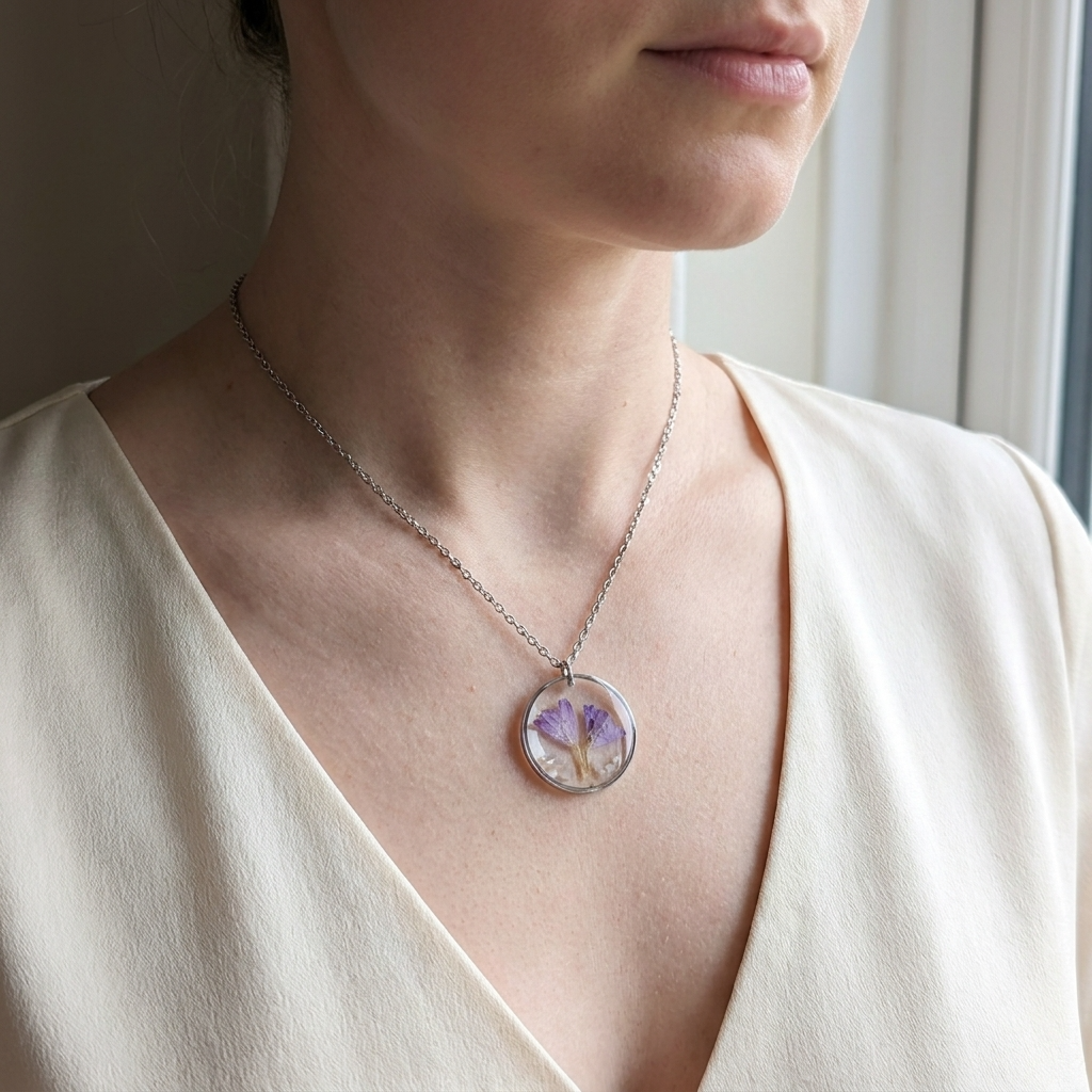 Sea Lavender Framed Stainless Steel Necklace with Mother of Pearl | Tranquility