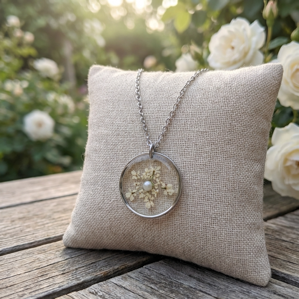 Queen Anne’s Lace  Stainless Steel Necklace with Pearl | Delicacy