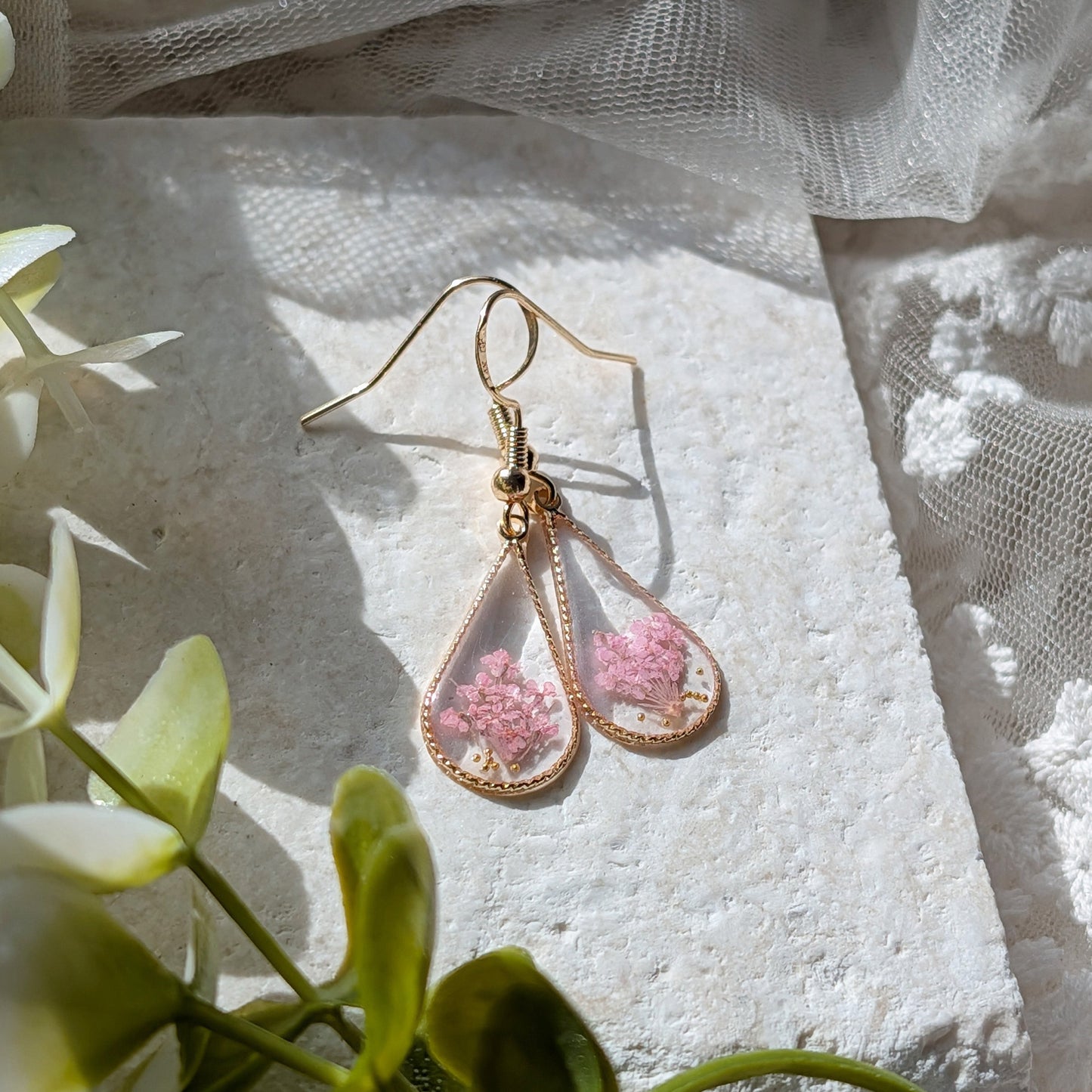Pink Queen Anne’s Lace Waterdrop Gold Plated Earrings | Protection