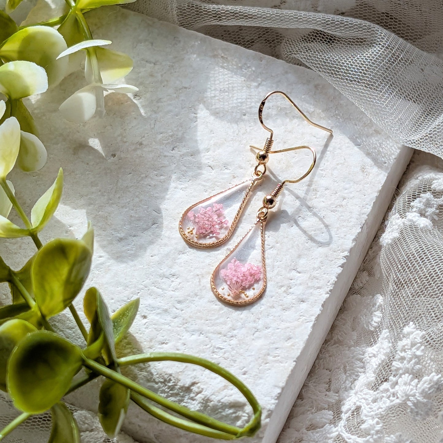 Pink Queen Anne’s Lace Waterdrop Gold Plated Earrings | Protection