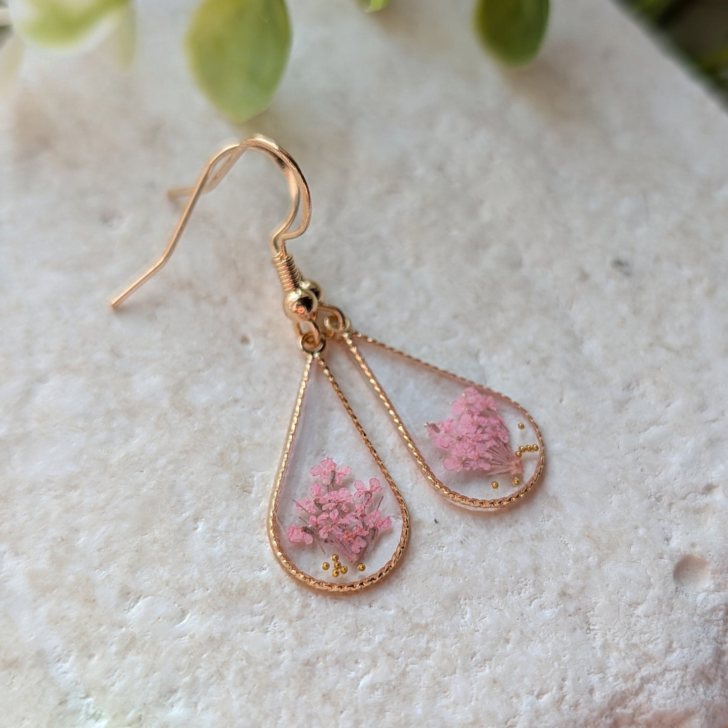 Pink Queen Anne’s Lace Waterdrop Gold Plated Earrings | Protection