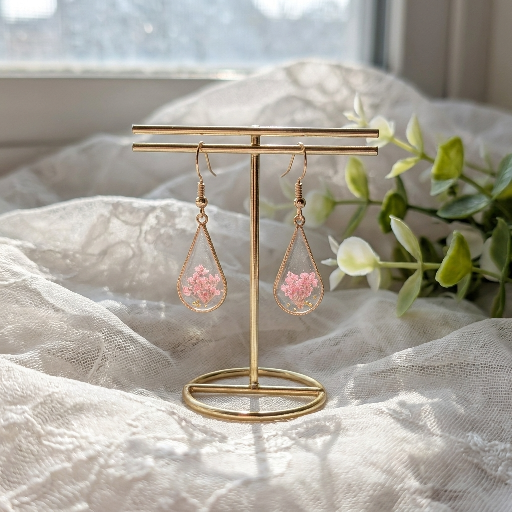 Pink Queen Anne’s Lace Waterdrop Gold Plated Earrings | Protection