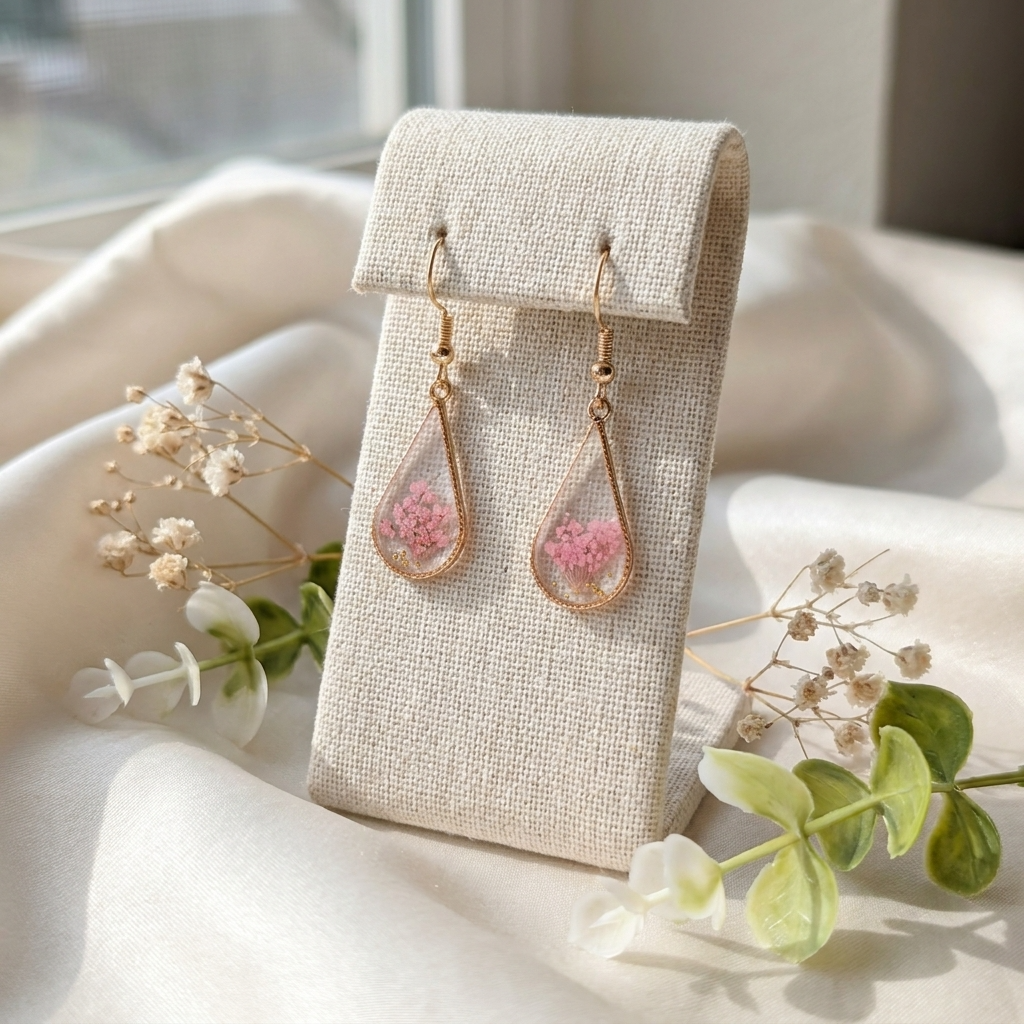 Pink Queen Anne’s Lace Waterdrop Gold Plated Earrings | Protection