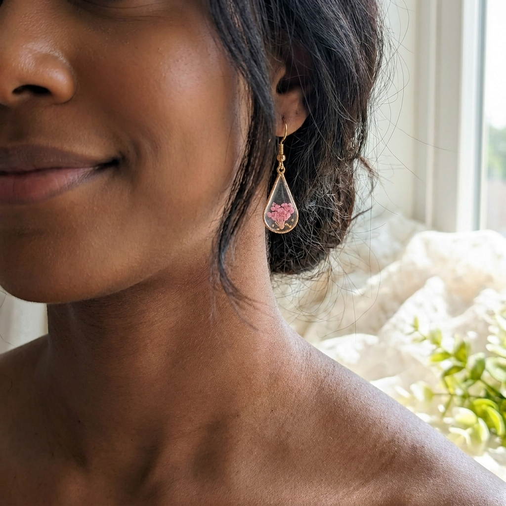Pink Queen Anne’s Lace Waterdrop Gold Plated Earrings | Protection