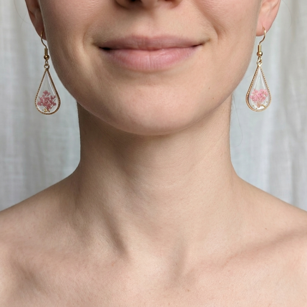 Pink Queen Anne’s Lace Waterdrop Gold Plated Earrings | Protection