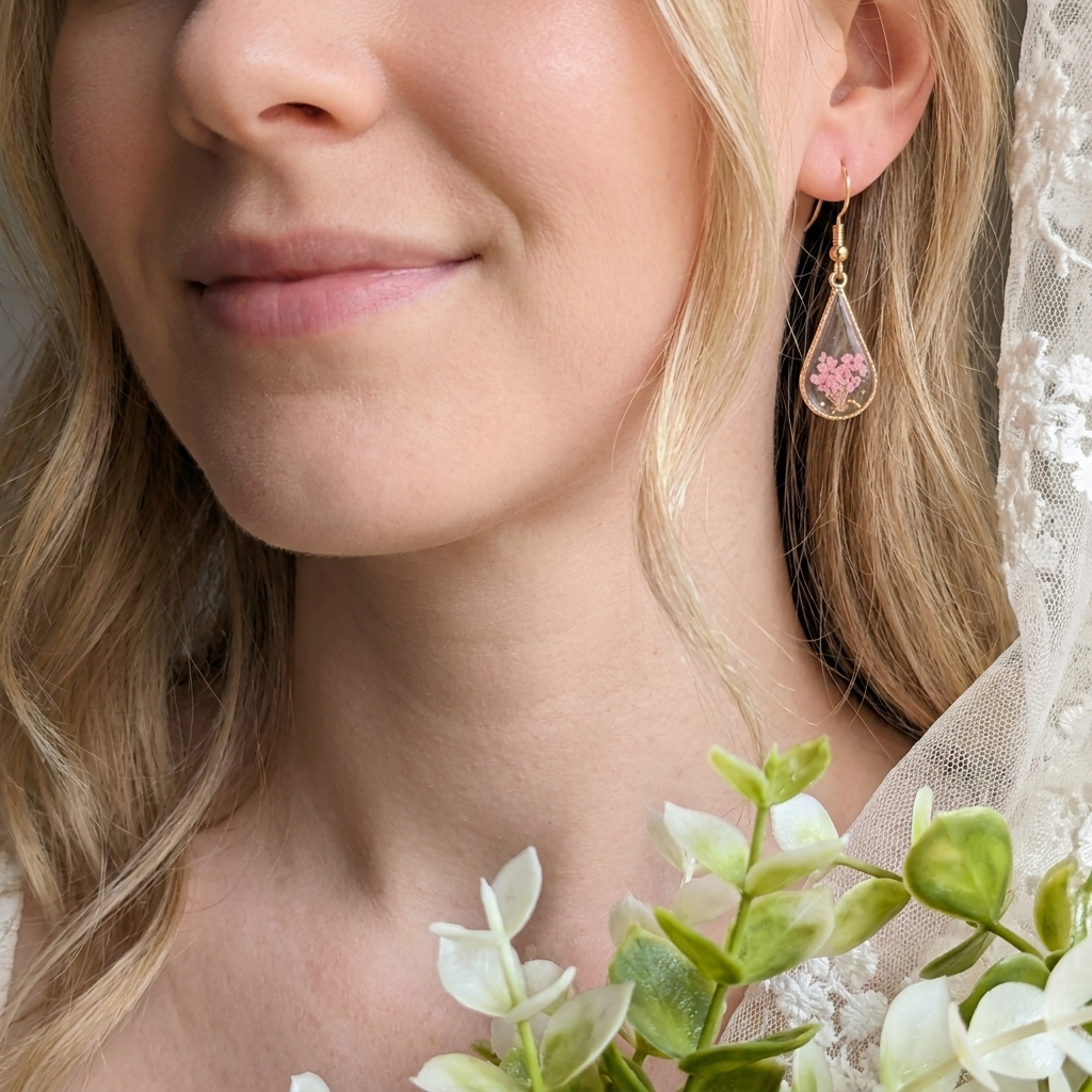 Pink Queen Anne’s Lace Waterdrop Gold Plated Earrings | Protection