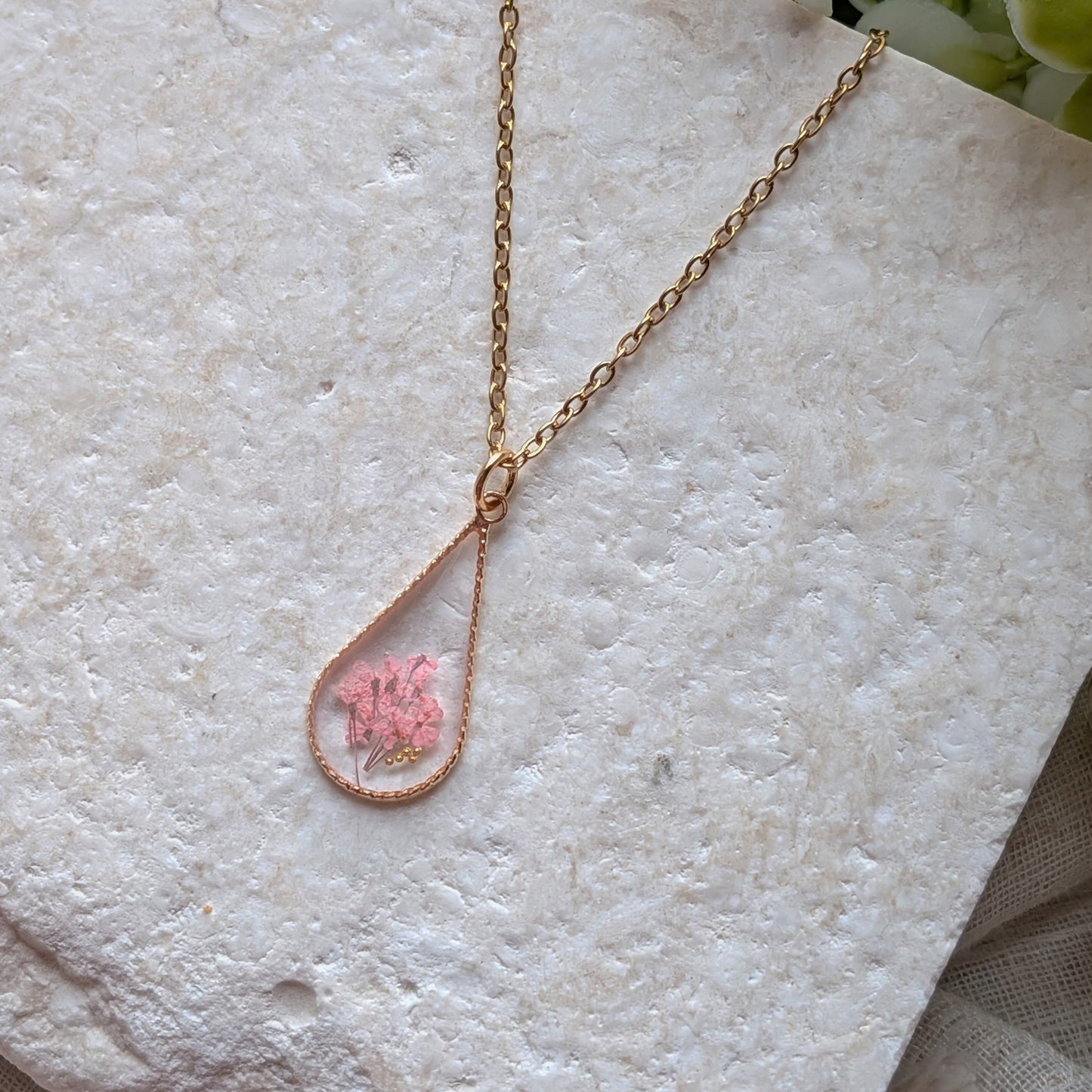 Pink Queen Anne’s Lace Teardrop Gold Plated Necklace | Protection