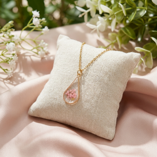 Pink Queen Anne’s Lace Teardrop Gold Plated Necklace | Protection