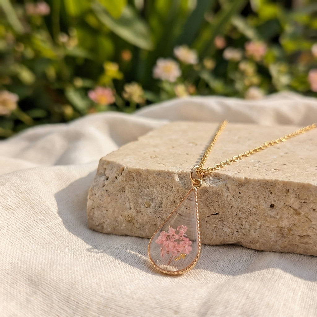 Pink Queen Anne’s Lace Teardrop Gold Plated Necklace | Protection