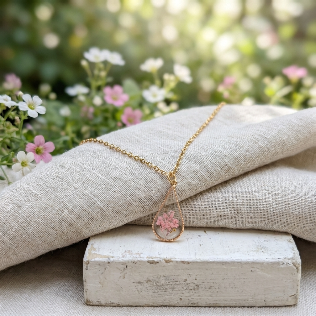 Pink Queen Anne’s Lace Teardrop Gold Plated Necklace | Protection