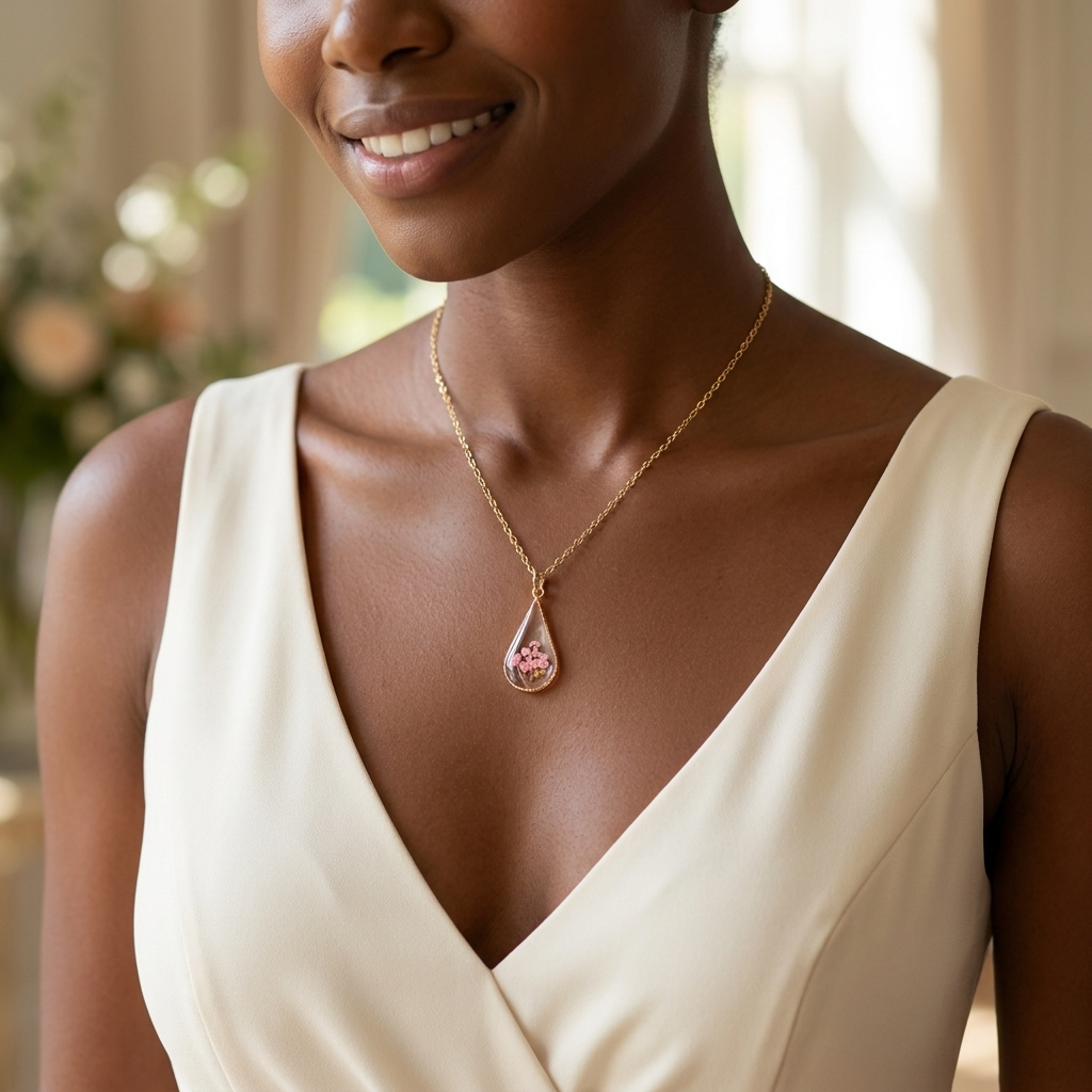 Pink Queen Anne’s Lace Teardrop Gold Plated Necklace | Protection