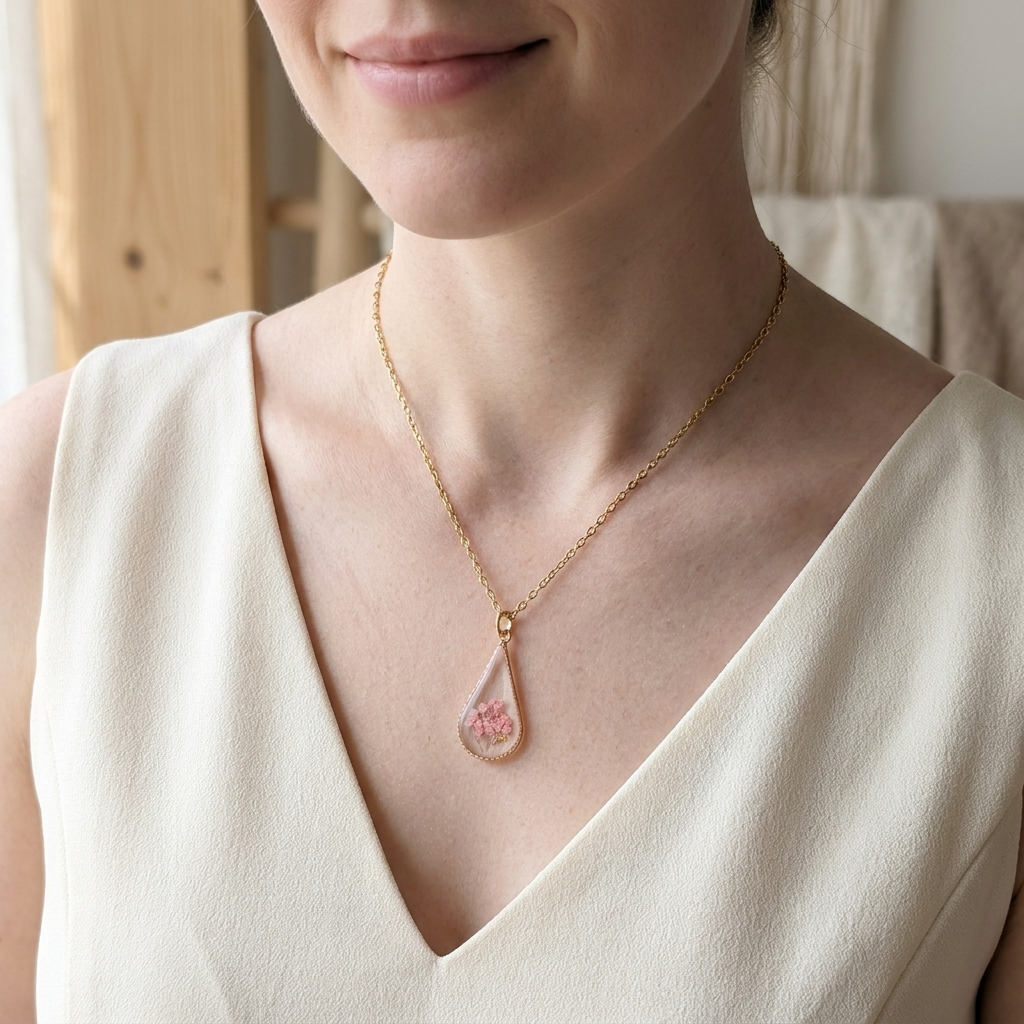 Pink Queen Anne’s Lace Teardrop Gold Plated Necklace | Protection