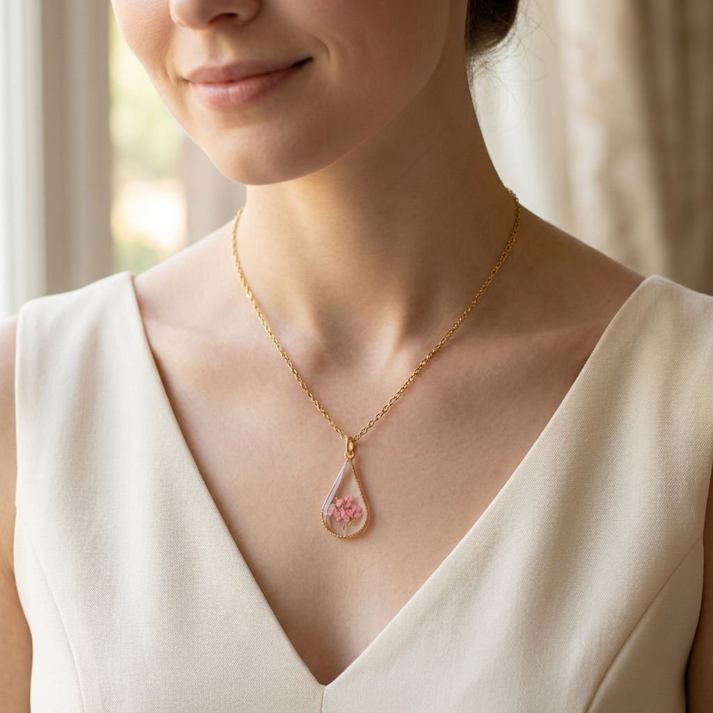 Pink Queen Anne’s Lace Teardrop Gold Plated Necklace | Protection