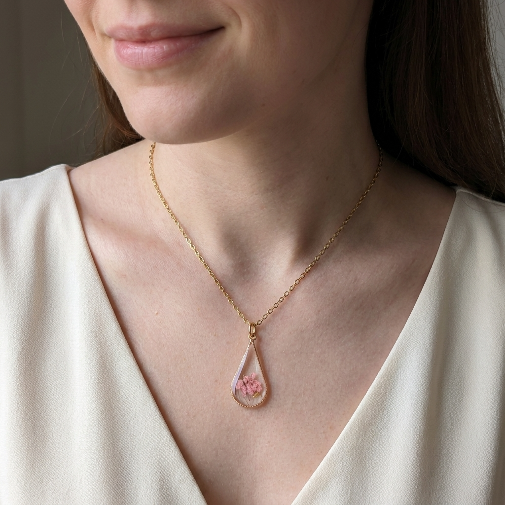 Pink Queen Anne’s Lace Teardrop Gold Plated Necklace | Protection