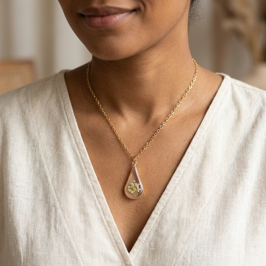 Queen Anne’s Lace Little Tree Waterdrop Gold Plated Stainless Steel Necklace | Protection