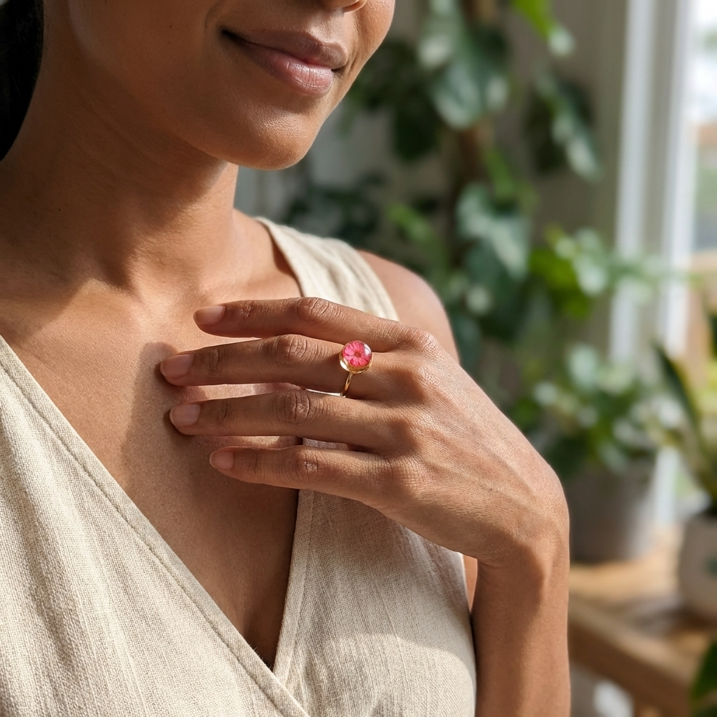 Red Spiraea Gold Plated Adjustable Ring | New Beginnings