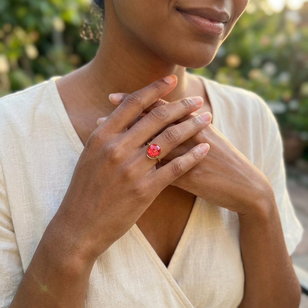 Red Spiraea Gold Plated Adjustable Ring | New Beginnings