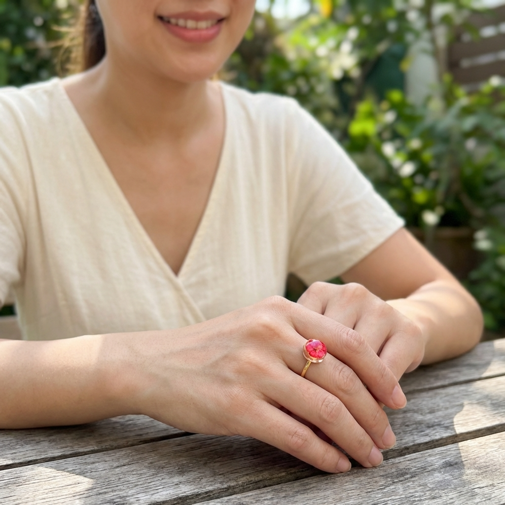 Red Spiraea Gold Plated Adjustable Ring | New Beginnings