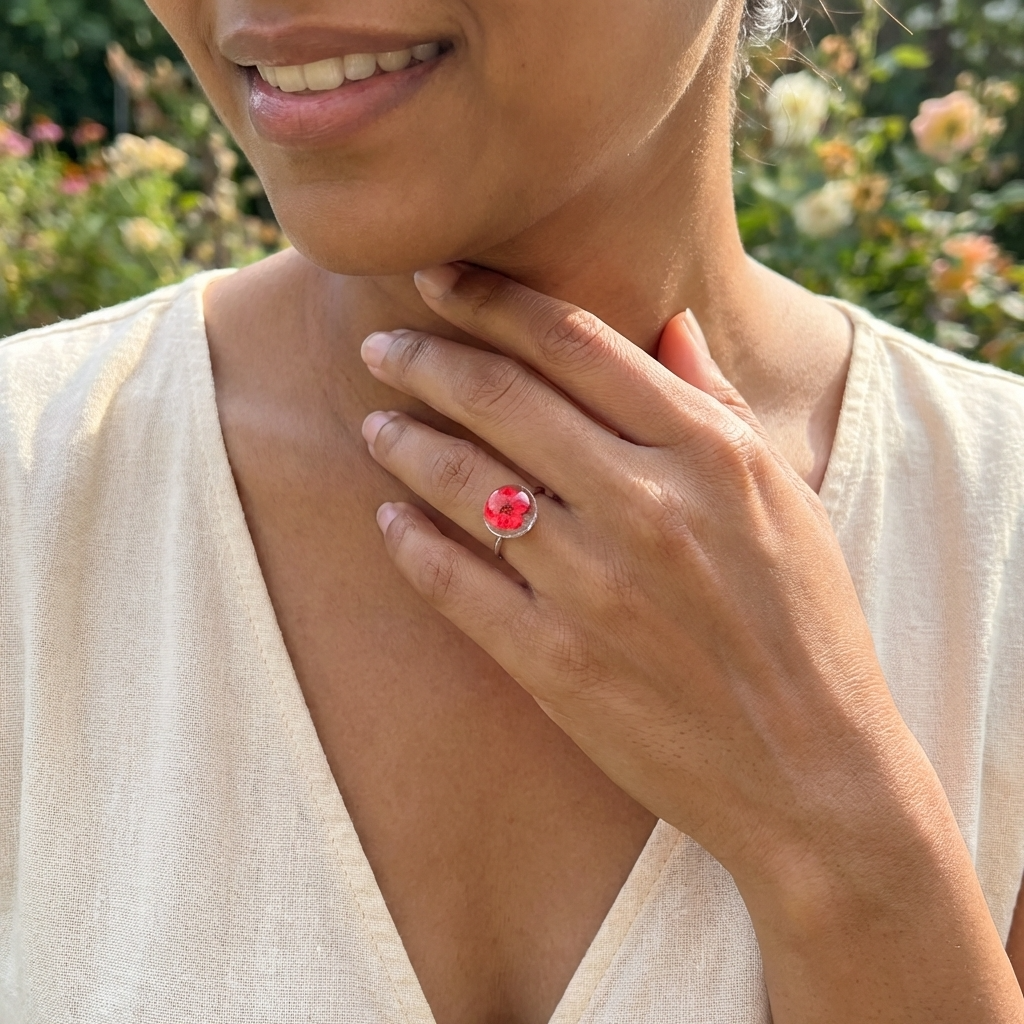 Red Spiraea Platinum Plated Adjustable Ring | New Beginnings