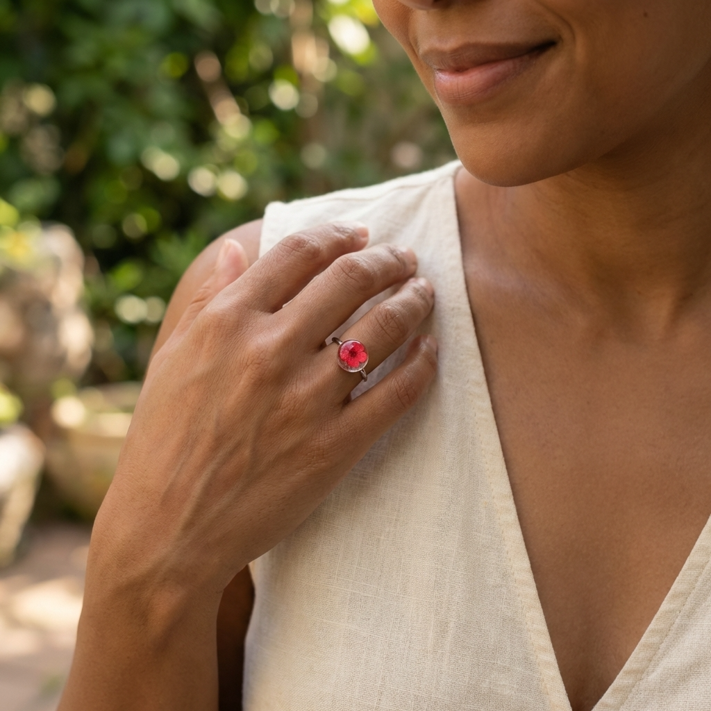 Red Spiraea Platinum Plated Adjustable Ring | New Beginnings