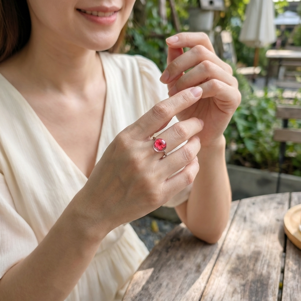 Red Spiraea Platinum Plated Adjustable Ring | New Beginnings