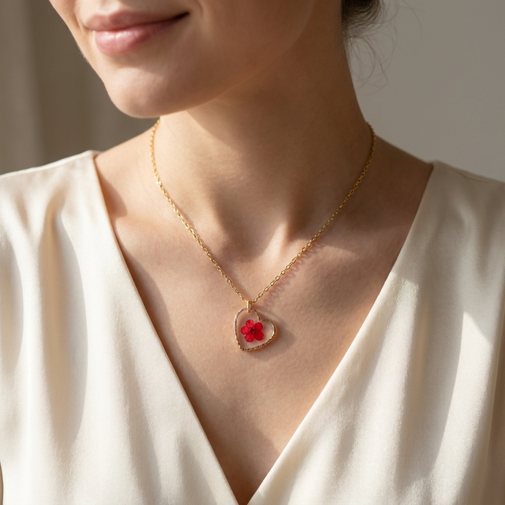 Red Spiraea Heart Gold Plated Stainless Steel Necklace | Love
