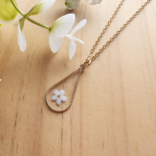 Gold Plated Light Blue Forget Me Not Teardrop Pendant Necklace