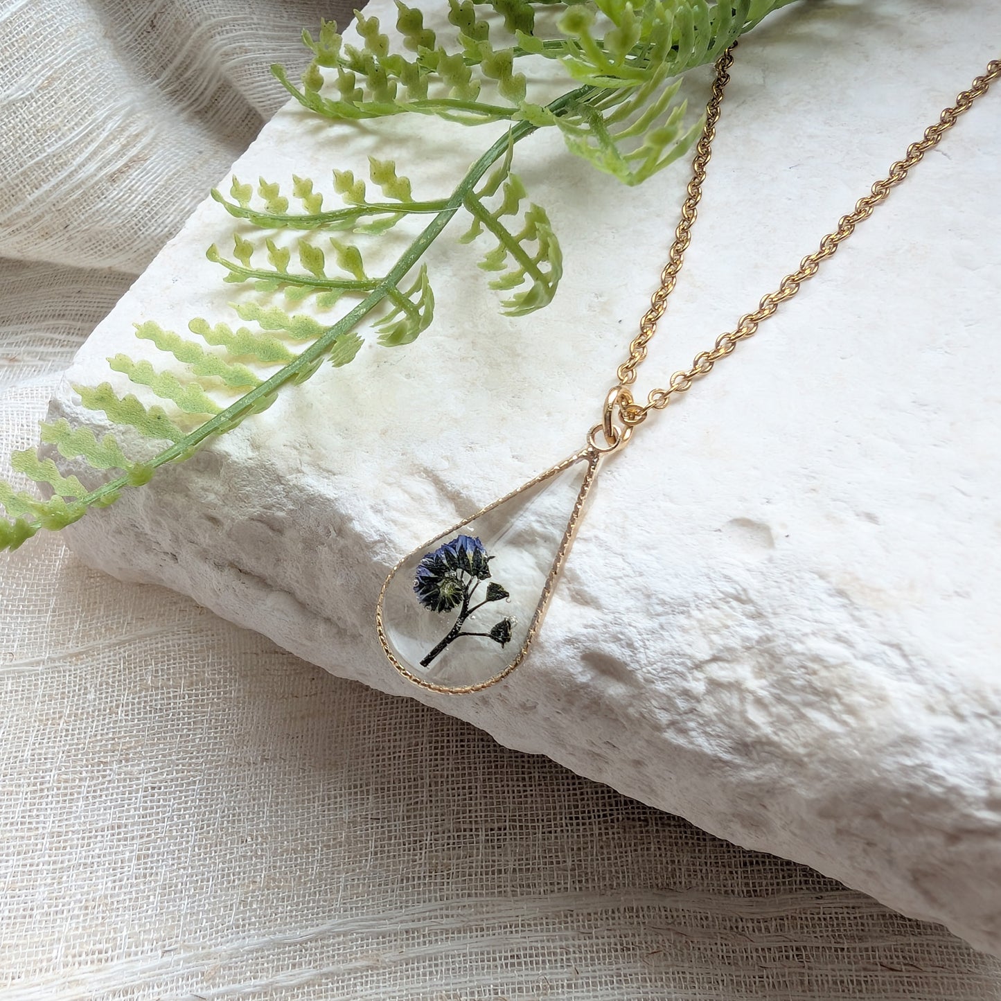 Love & Faith | Gold Plated Side Forget Me Not Teardrop Pendant Necklace