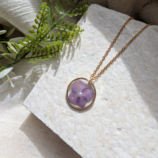 Understanding | Purple Hydrangea Necklace with Imitation Pearl | Gold Plated Real Flower Jewellery