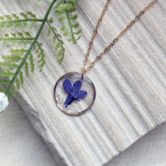 Tranquility Blue Lobelia Necklace with Seashell Flakes | Gold Plated Real Flower Jewellery