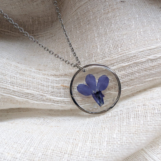 Harmony Blue Lobelia Necklace with Seashell Flakes | Platinum Plated Real Flower Jewellery