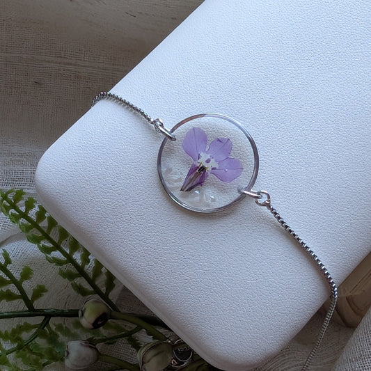 Platinum Plated Purple Lobelia Bracelet with Seashell Flakes | Real Flower Jewellery