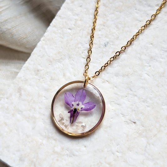 Tranquility Purple Lobelia Necklace with Seashell Flakes | Gold Plated Real Flower Jewellery