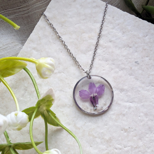 Harmony Purple Lobelia Necklace with Seashell Flakes | Platinum Plated Real Flower Jewellery