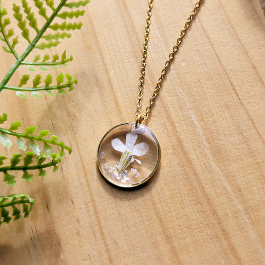 Harmony White Lobelia Necklace with Seashell Flakes | Gold Plated Real Flower Jewellery