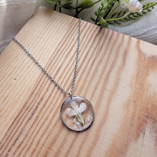 Tranquillity White Lobelia Necklace with Seashell Flakes | Platinum Plated Real Flower Jewellery
