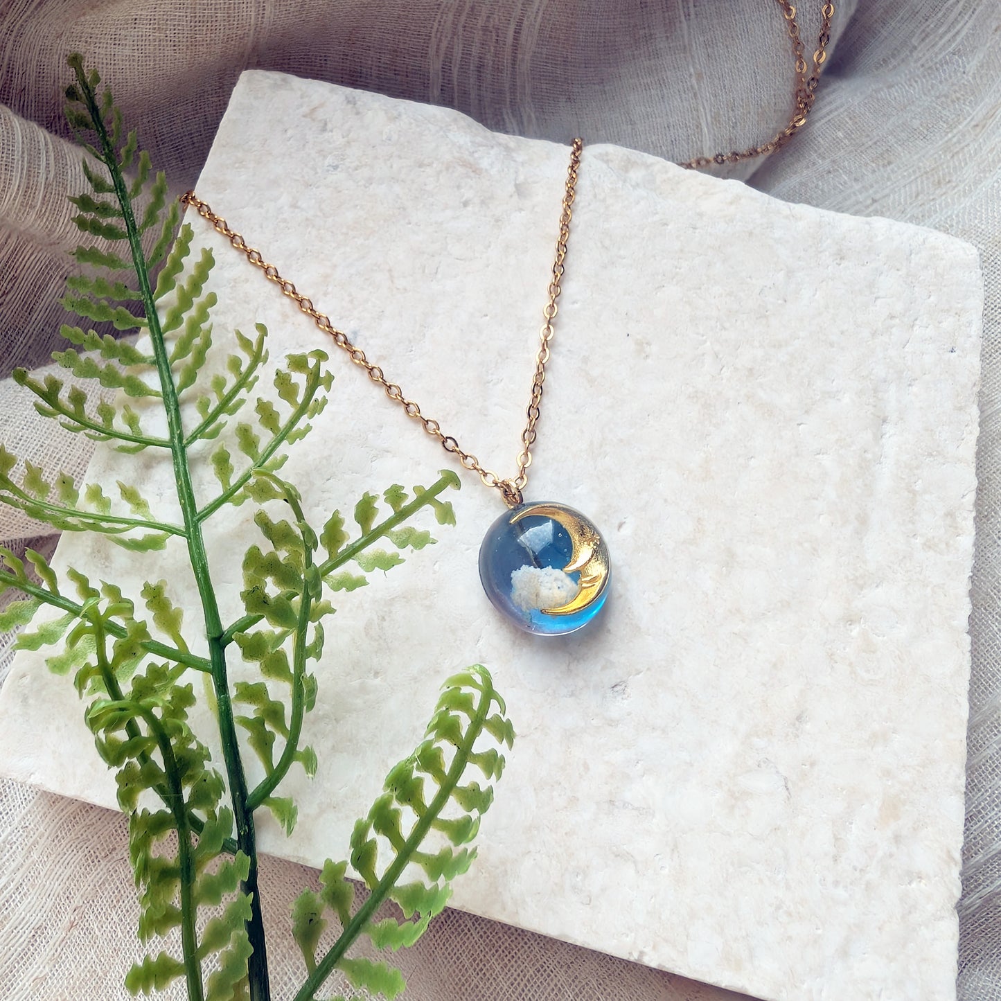 Gold Moon & Twilight Sky Dome Necklace – 14mm Dreamy Jewellery