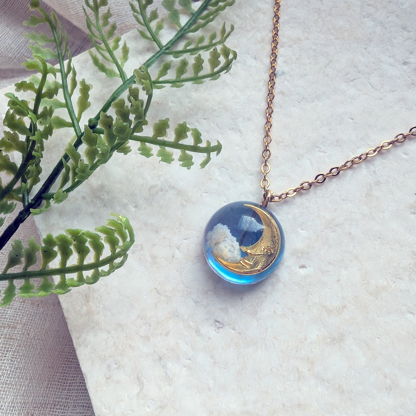 Gold Moon & Twilight Sky Dome Necklace – 14mm Dreamy Jewellery