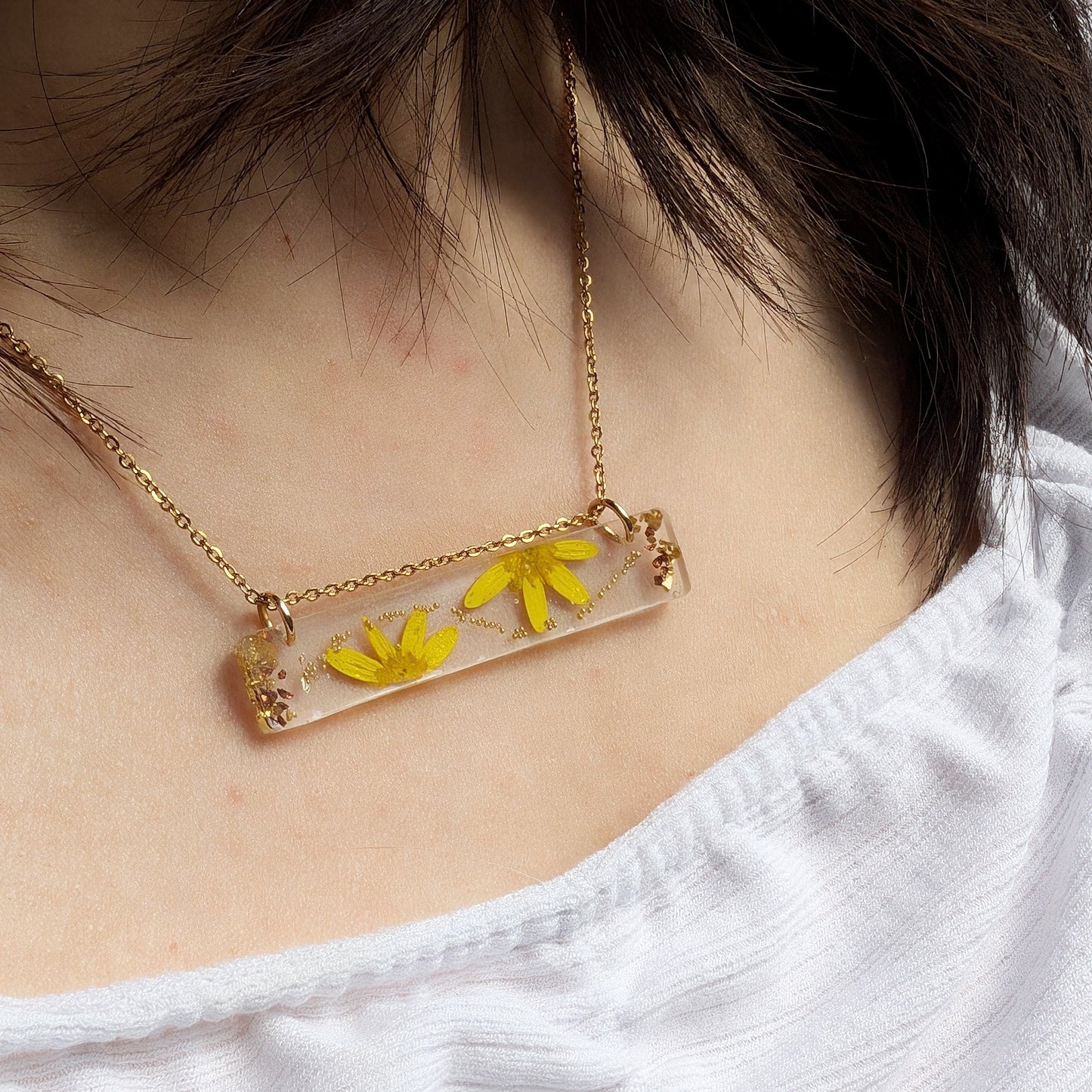 Lesser Celandine Real Flower Handmade Transparent Bar Necklace