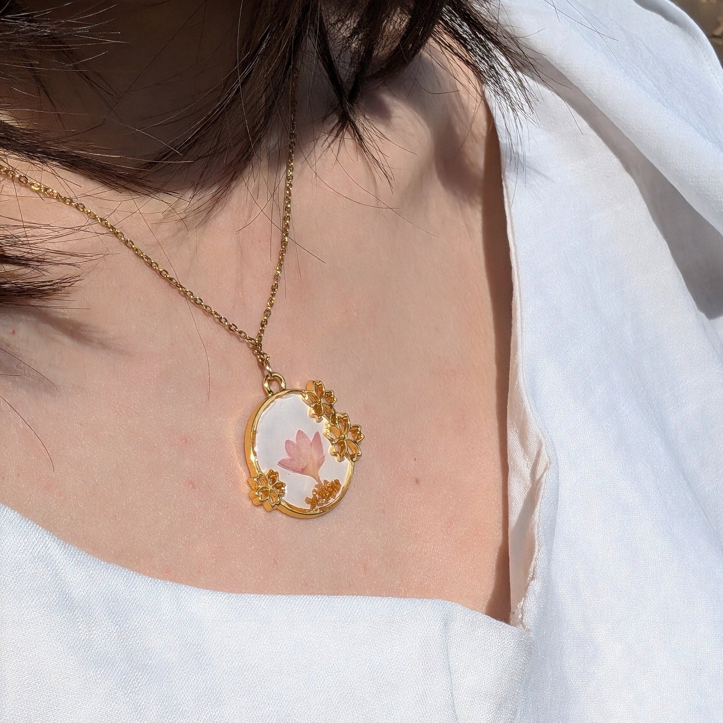 Red Cornflower in White Background Gold Plated Framed Flower Charm Necklace