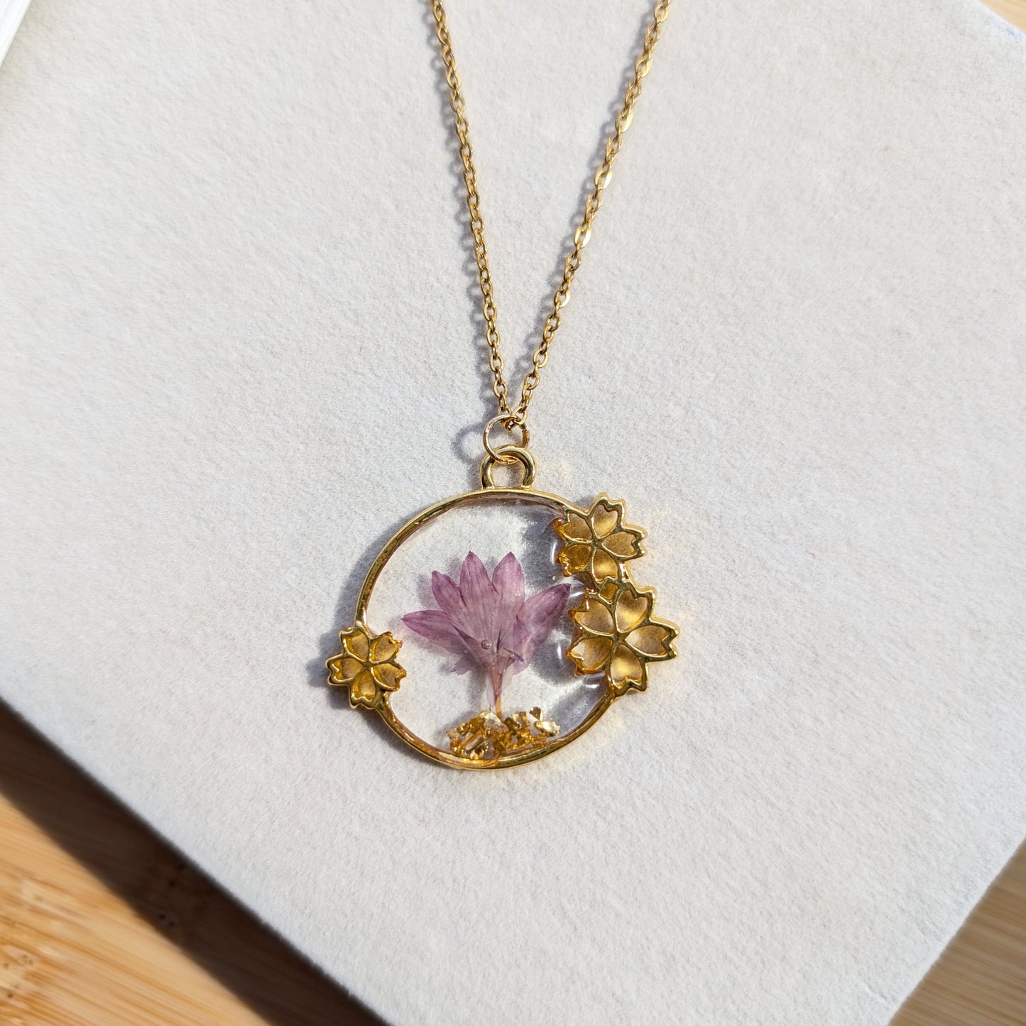 Purple Cornflower in Transparent Background Real Flower Gold Plated Framed Charm Necklace