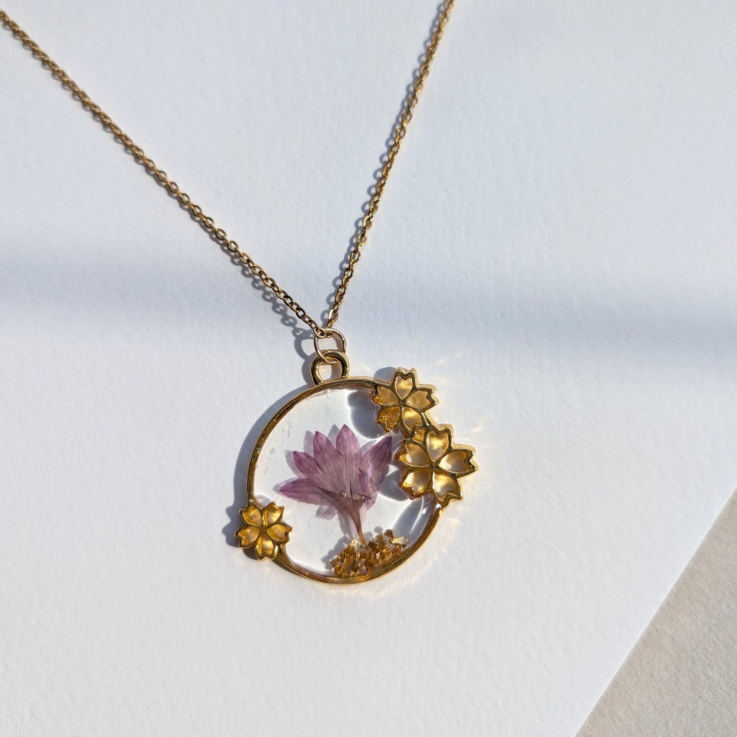 Purple Cornflower in Transparent Background Real Flower Gold Plated Framed Charm Necklace