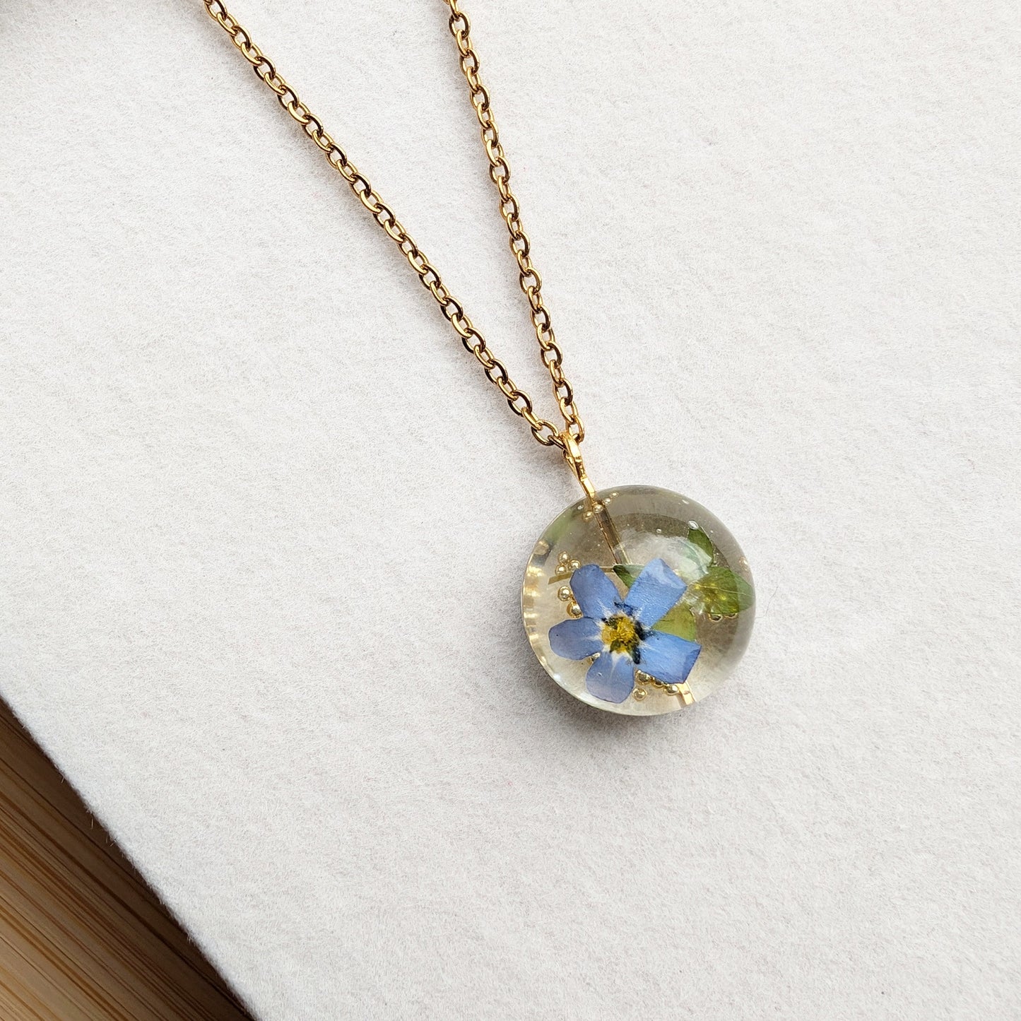 Forget-me-not & Leaf Gold Plated Delicate Clear Sphere Real Flower Charm Necklace